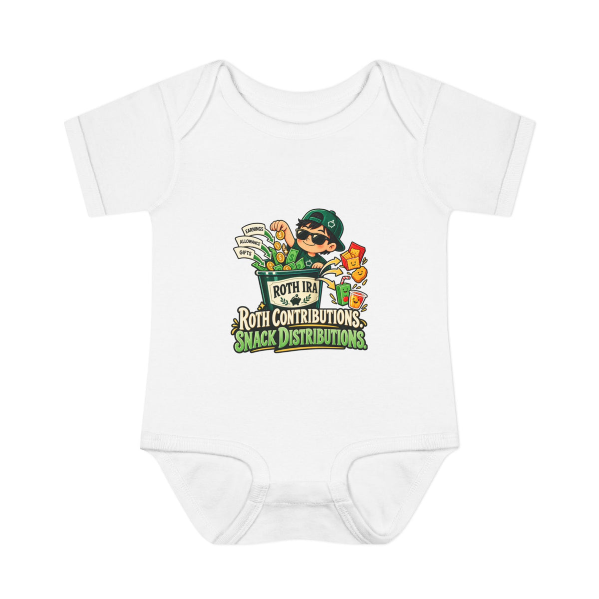 ROTH CONTRIBUTIONS. SNACK DISTRIBUTIONS. Fiscal Casual Junior baby bodysuit, front view