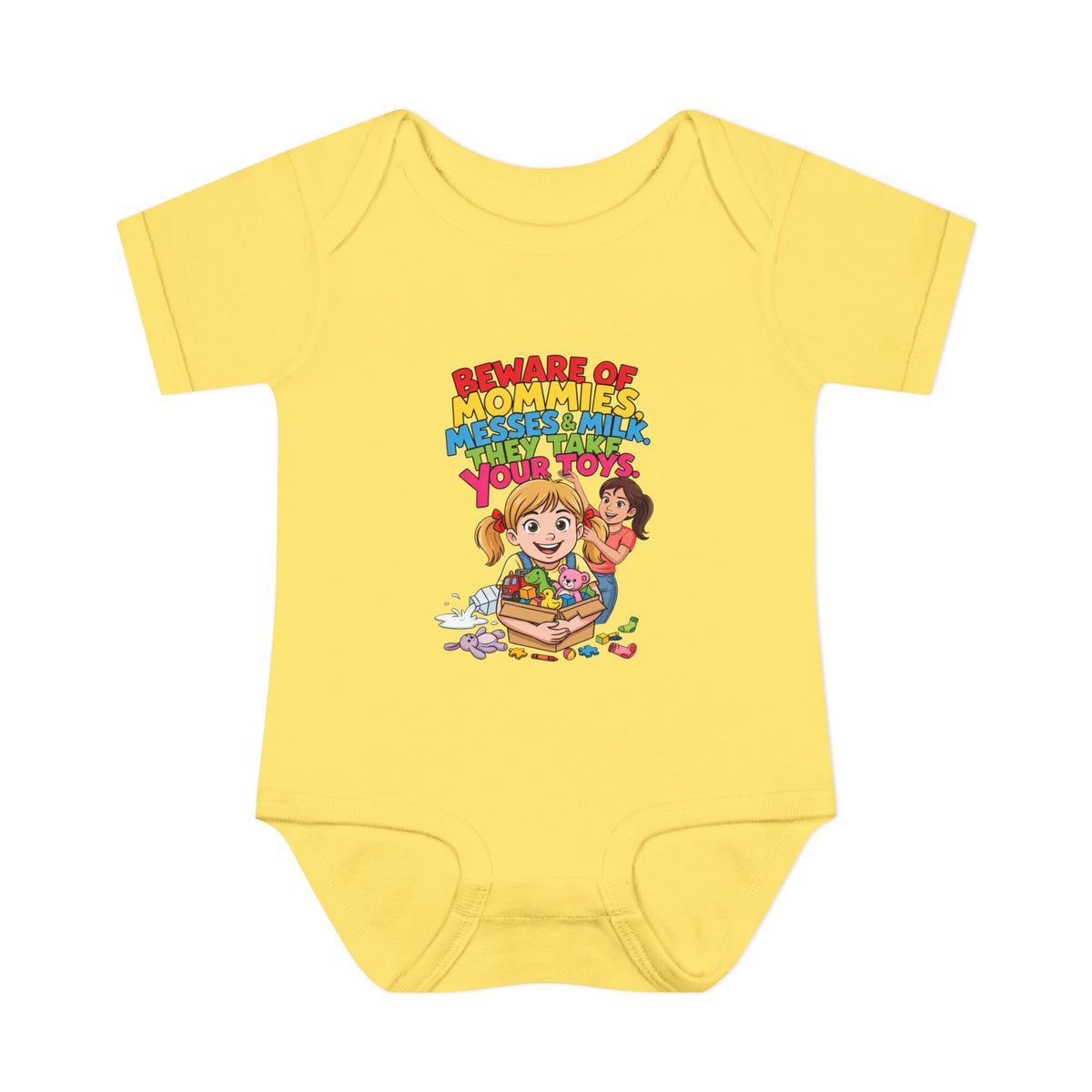BEWARE OF MOMMIES, MESSES & MILK. THEY TAKE YOUR TOYS.. Girls' Baby Bodysuit | Funny Finance Kids Clothing