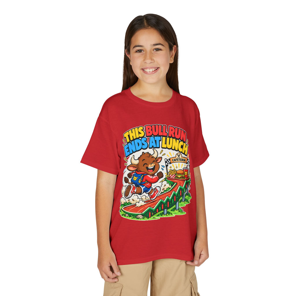 THIS BULL RUN ENDS AT LUNCH. Youth Tee | Funny Finance Kids Clothing