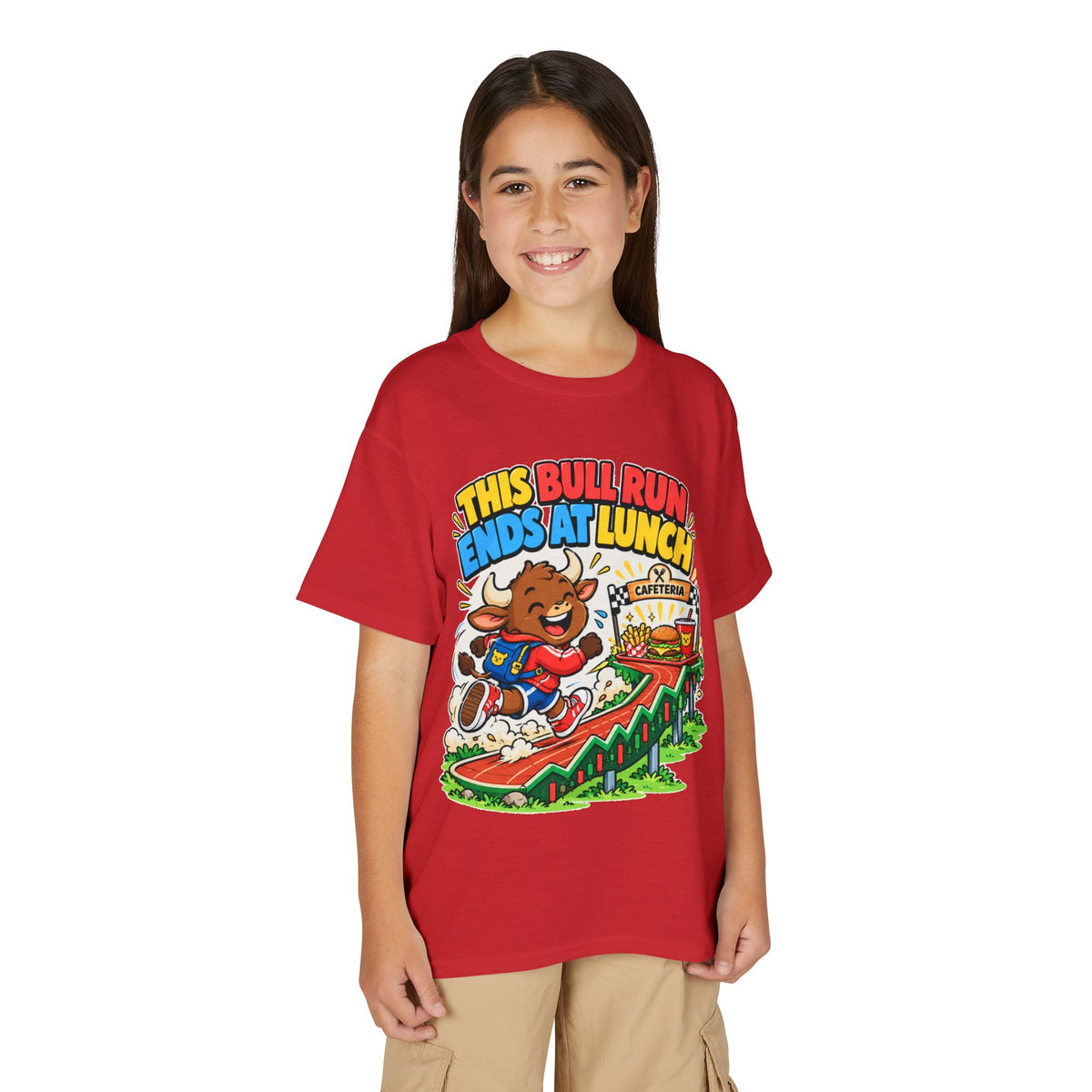 THIS BULL RUN ENDS AT LUNCH. Youth Tee | Funny Finance Kids Clothing