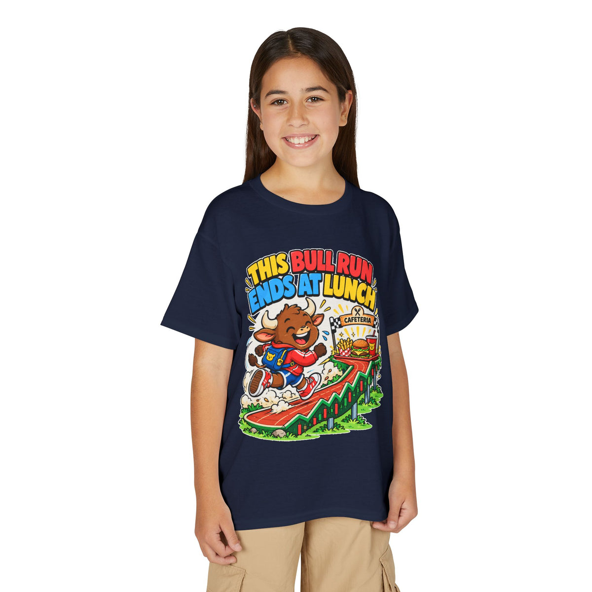 THIS BULL RUN ENDS AT LUNCH. Youth Tee | Funny Finance Kids Clothing