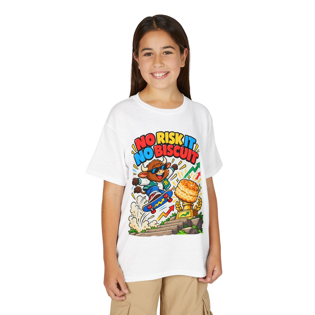 NO RISK IT NO BISCUIT. Youth Tee | Funny Finance Kids Clothing