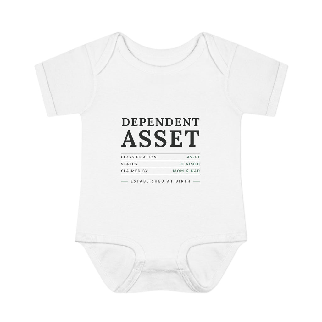 DEPENDENT ASSET. Fiscal Casual Junior baby bodysuit, front view