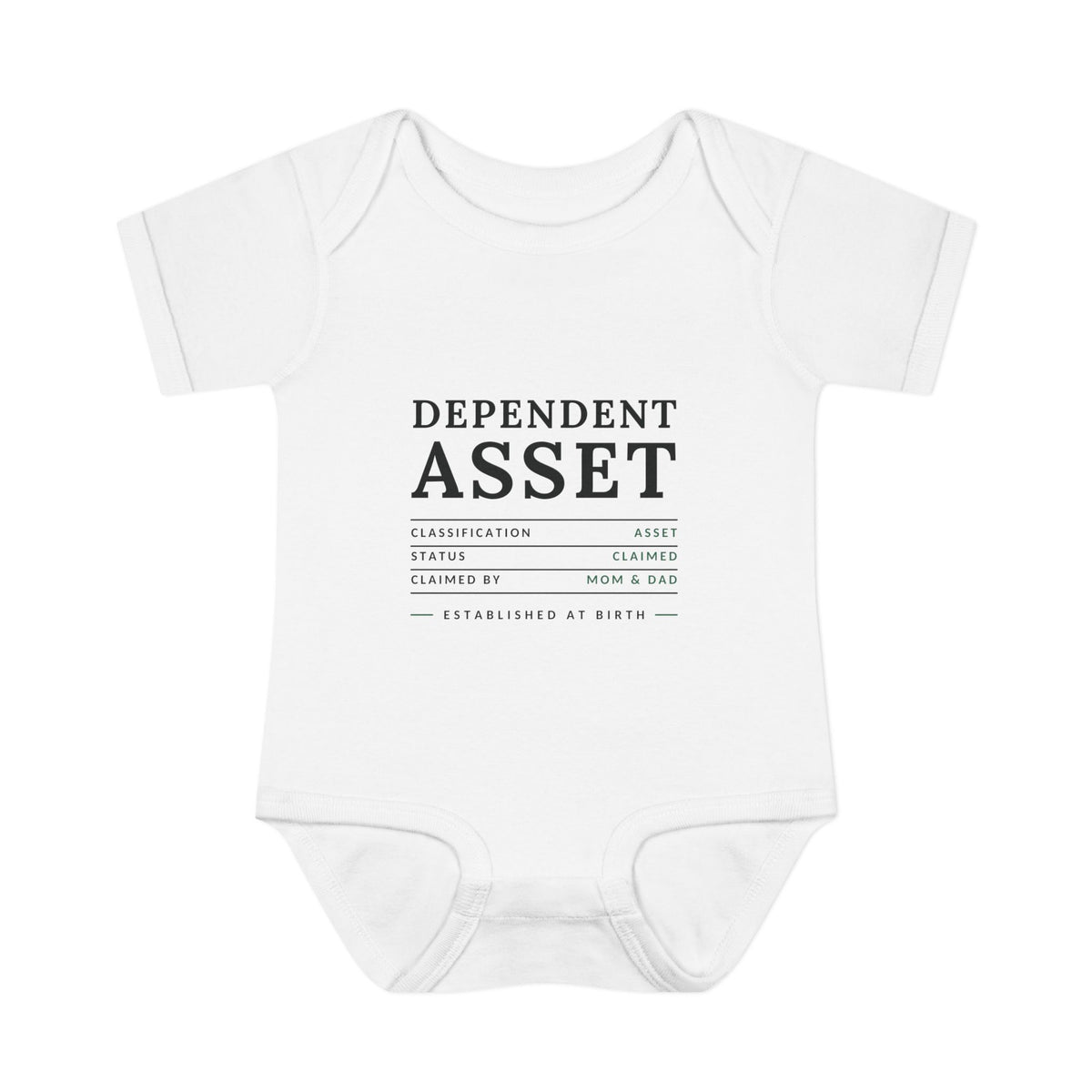 DEPENDENT ASSET. Fiscal Casual Junior baby bodysuit, front view
