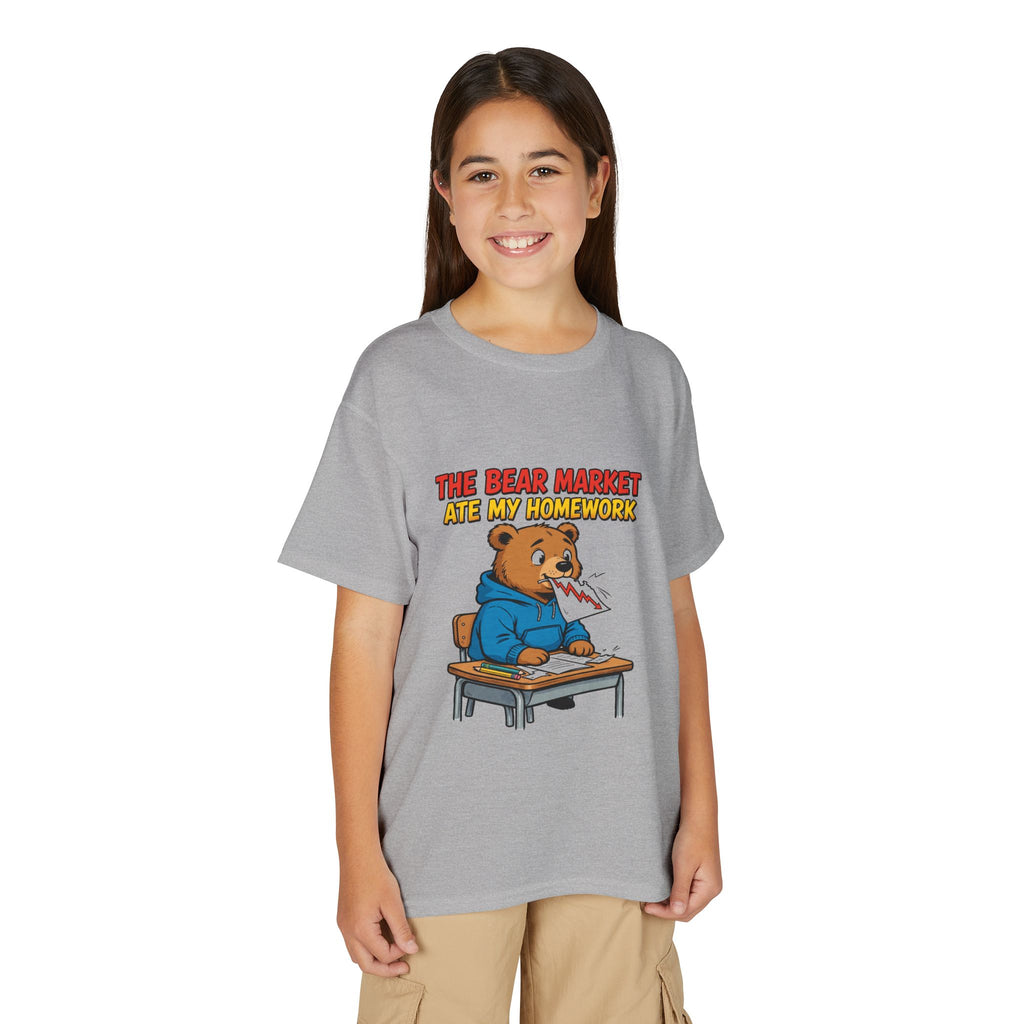THE BEAR MARKET ATE MY HOMEWORK. Youth Tee | Funny Finance Kids Clothing