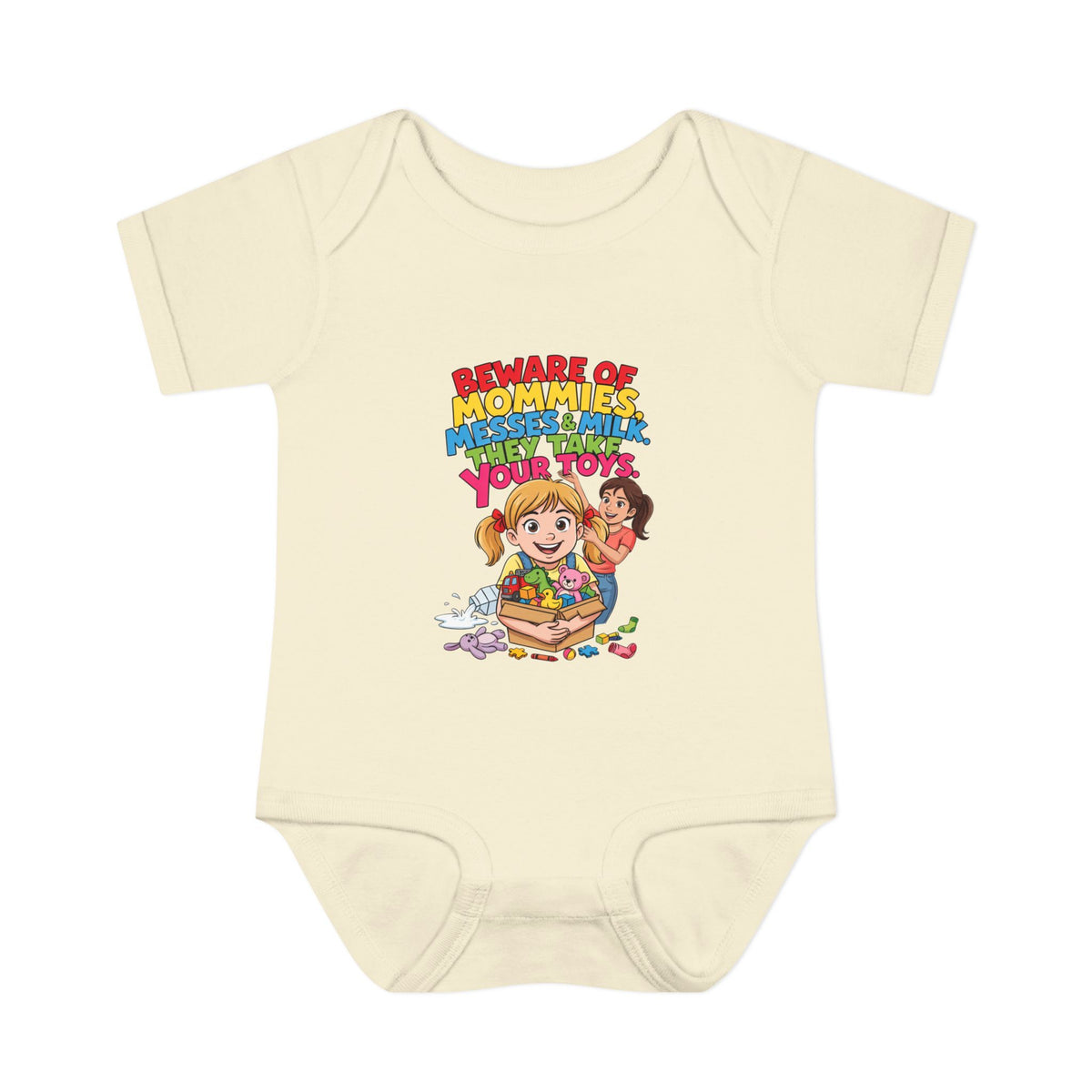 BEWARE OF MOMMIES, MESSES & MILK. THEY TAKE YOUR TOYS.. Girls' Baby Bodysuit | Funny Finance Kids Clothing