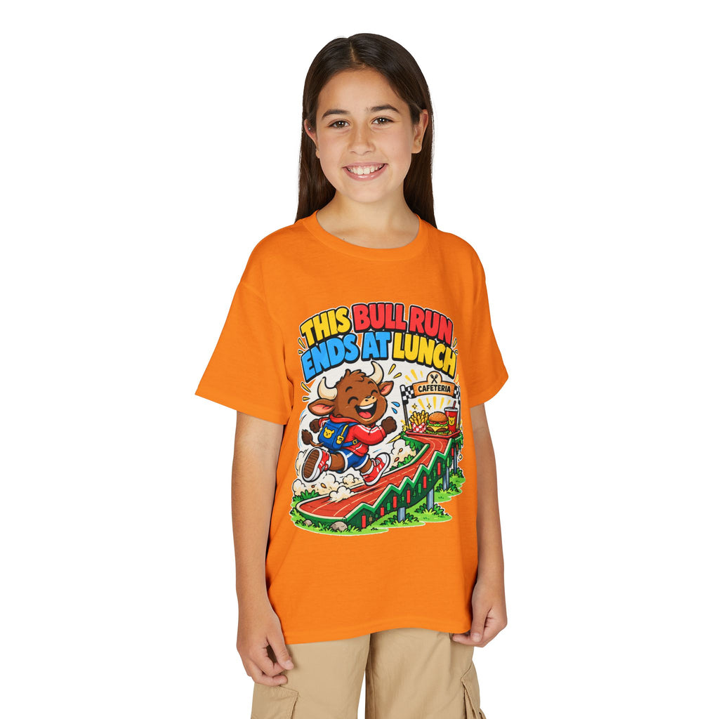 THIS BULL RUN ENDS AT LUNCH. Youth Tee | Funny Finance Kids Clothing