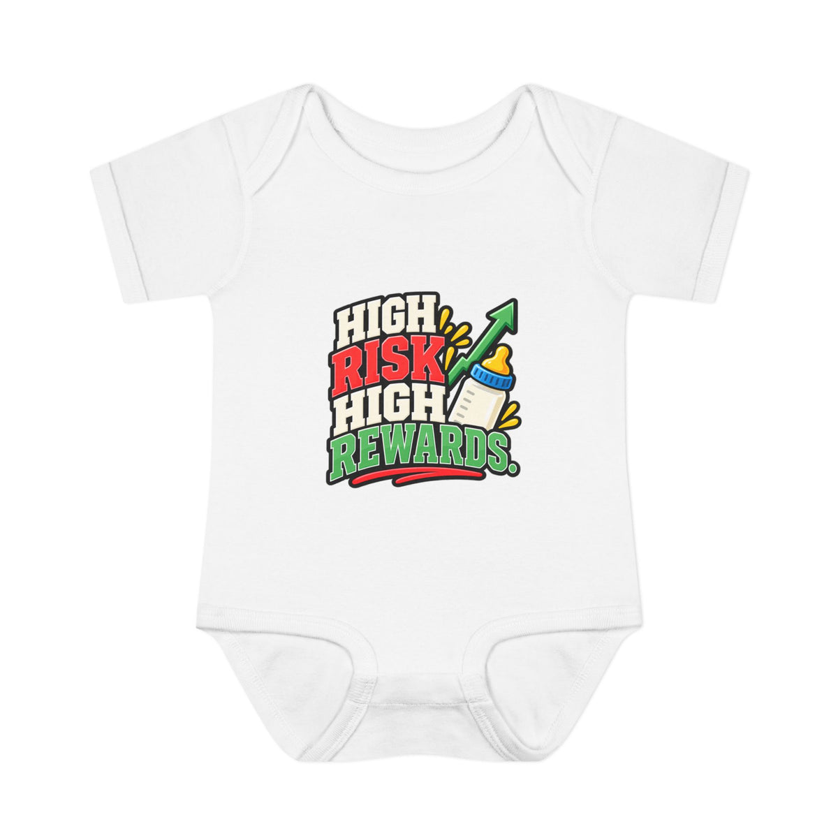 HIGH RISK. HIGH REWARDS. Fiscal Casual Junior baby bodysuit, front view