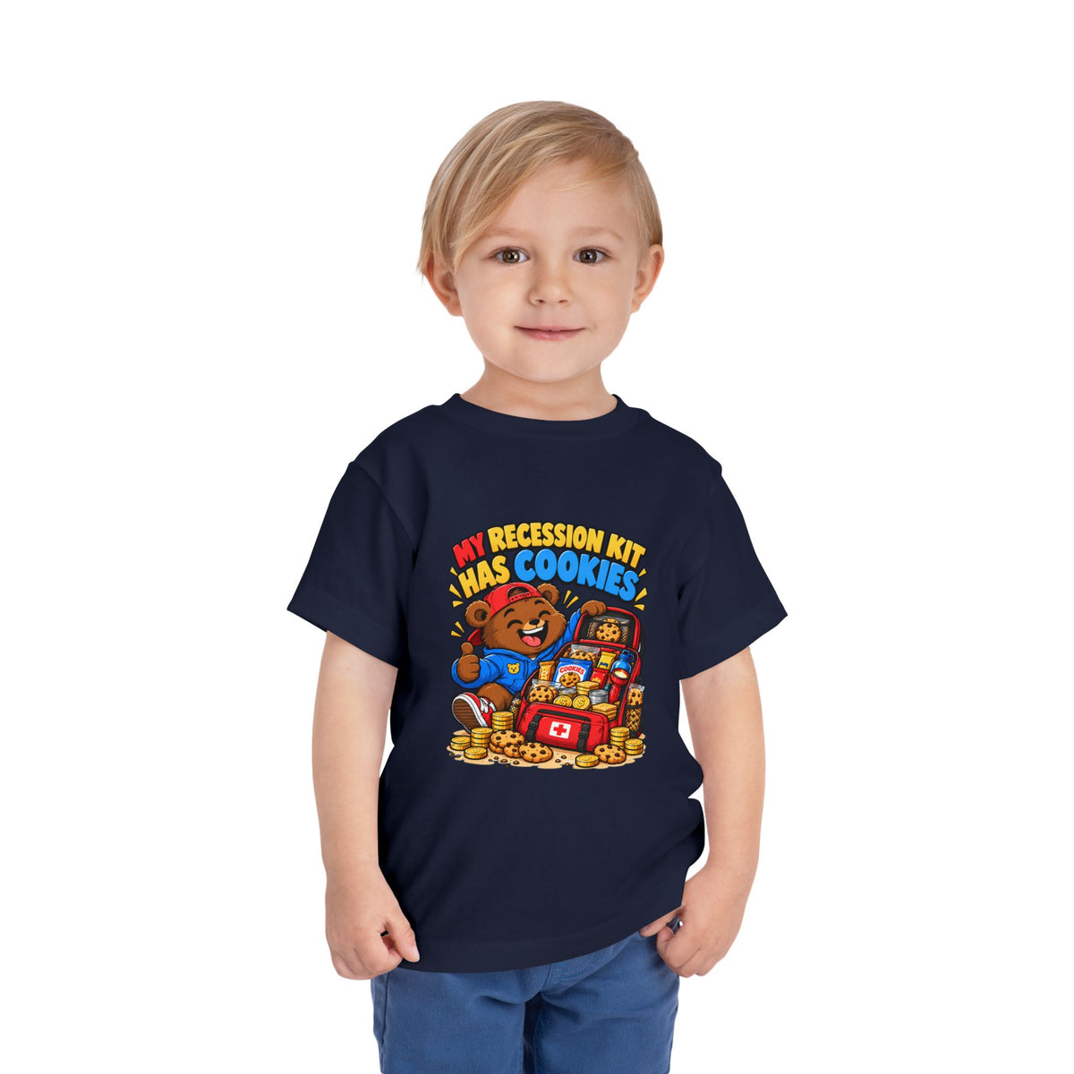 MY RECESSION KIT HAS COOKIES. Toddler Tee | Funny Finance Kids Clothing