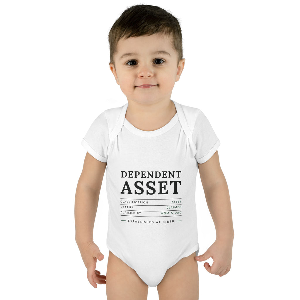 DEPENDENT ASSET. Fiscal Casual Junior baby bodysuit on a model