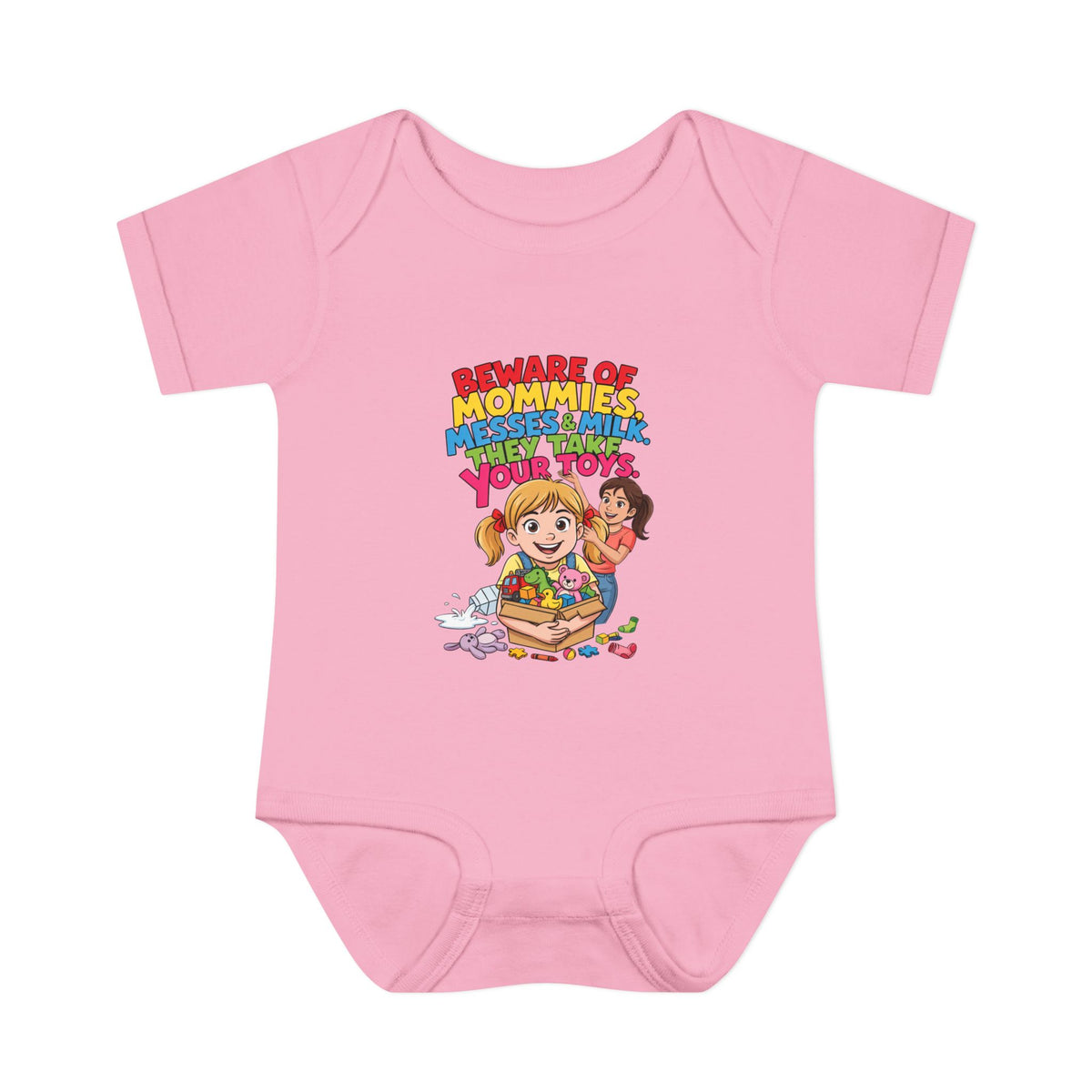 BEWARE OF MOMMIES, MESSES & MILK. THEY TAKE YOUR TOYS.. Girls' Baby Bodysuit | Funny Finance Kids Clothing
