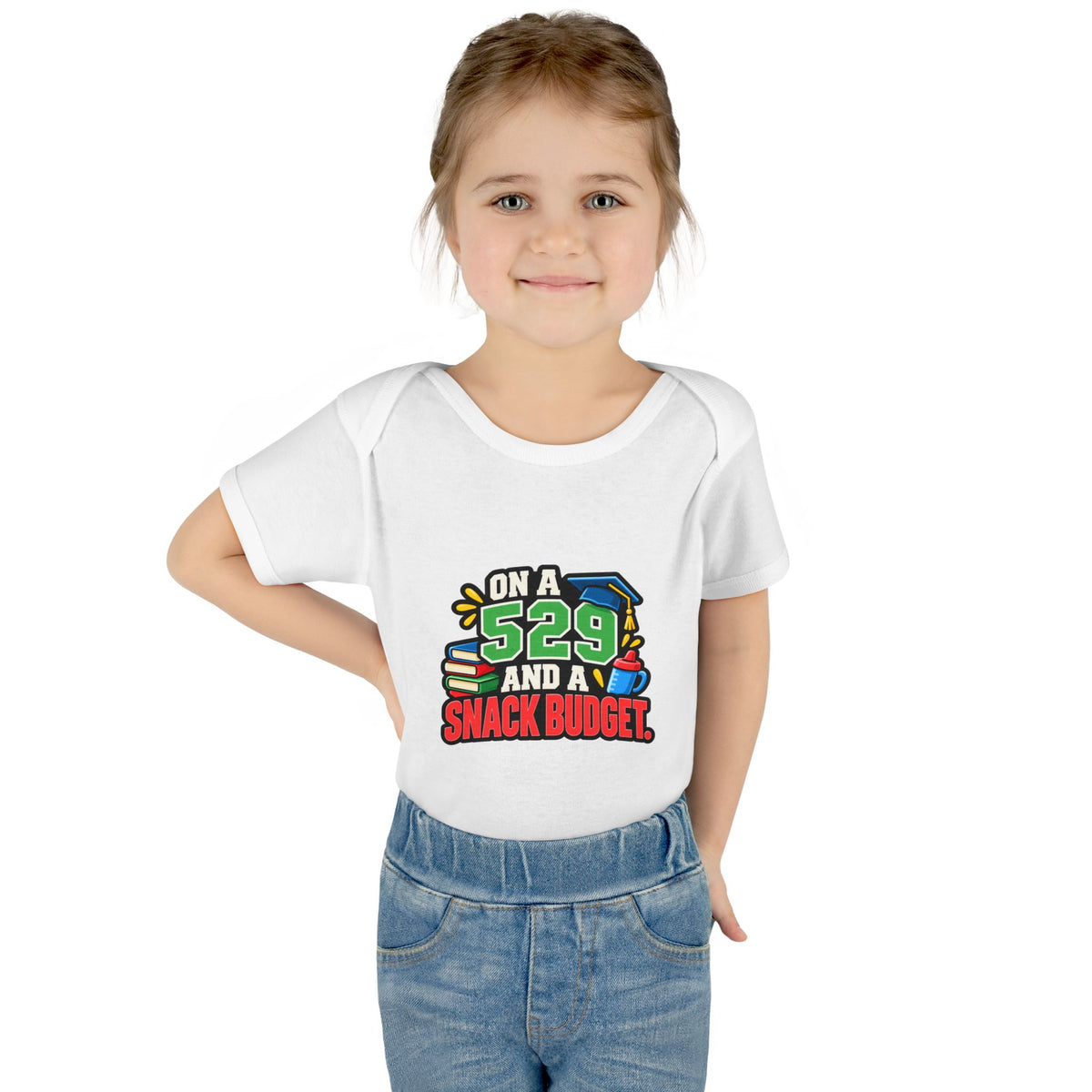 ON A 529 AND A SNACK BUDGET. Fiscal Casual Junior baby bodysuit on a model