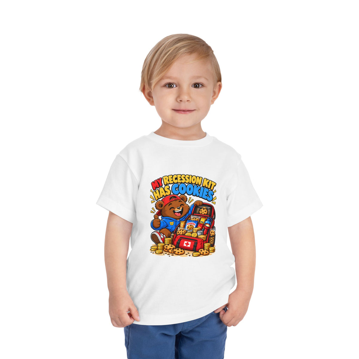 MY RECESSION KIT HAS COOKIES. Toddler Tee | Funny Finance Kids Clothing