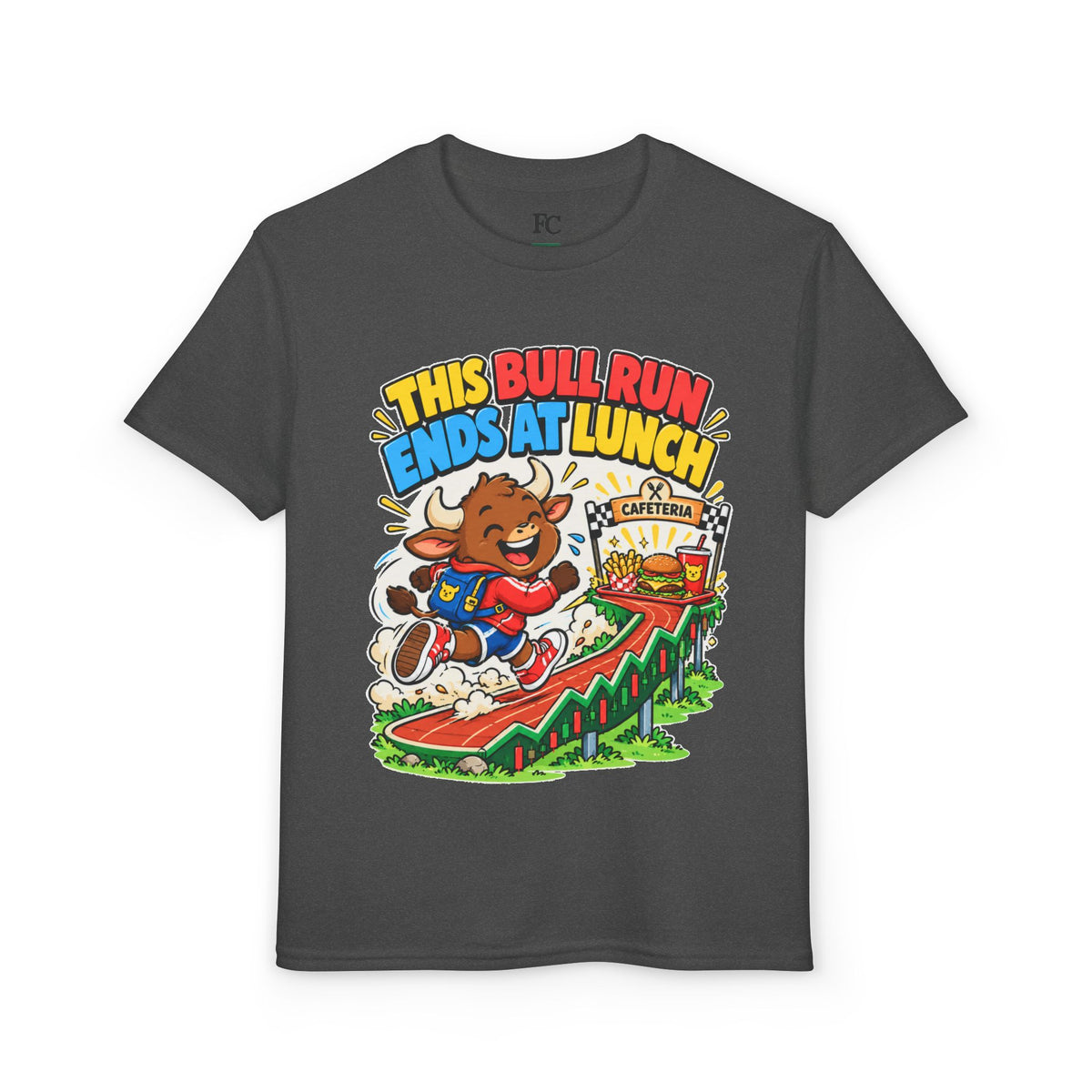 THIS BULL RUN ENDS AT LUNCH. Youth Tee | Funny Finance Kids Clothing
