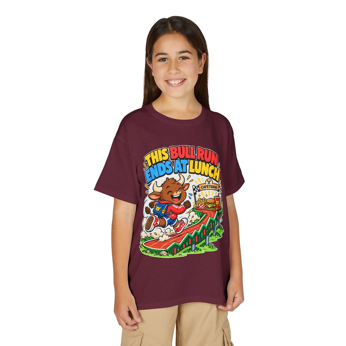 THIS BULL RUN ENDS AT LUNCH. Youth Tee | Funny Finance Kids Clothing