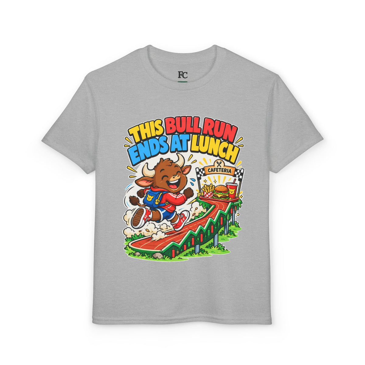 THIS BULL RUN ENDS AT LUNCH. Youth Tee | Funny Finance Kids Clothing