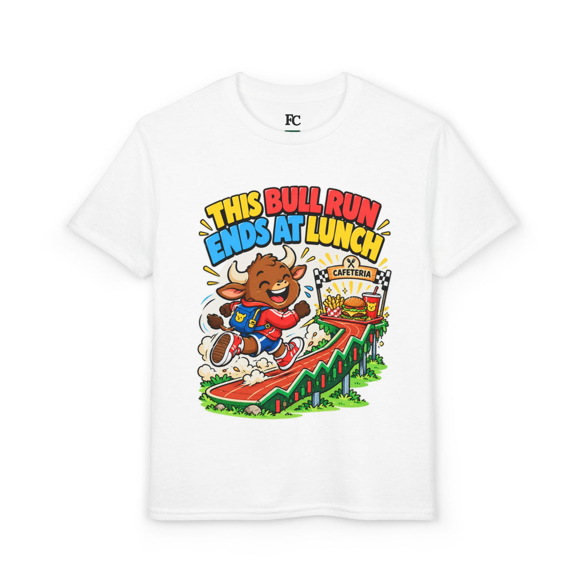 THIS BULL RUN ENDS AT LUNCH. Youth Tee | Funny Finance Kids Clothing