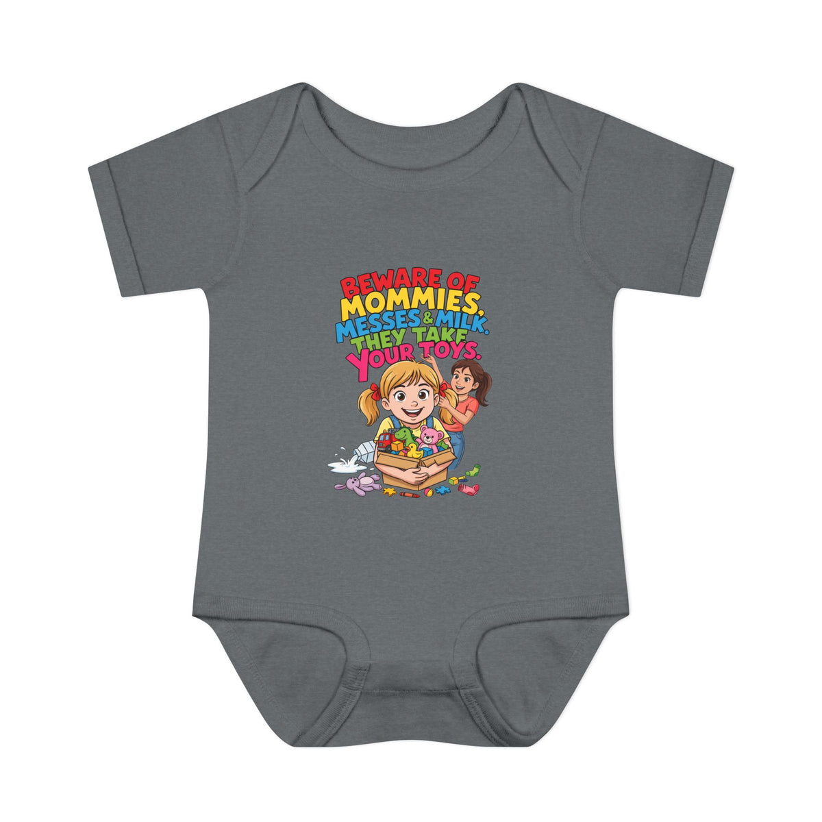 BEWARE OF MOMMIES, MESSES & MILK. THEY TAKE YOUR TOYS.. Girls' Baby Bodysuit | Funny Finance Kids Clothing