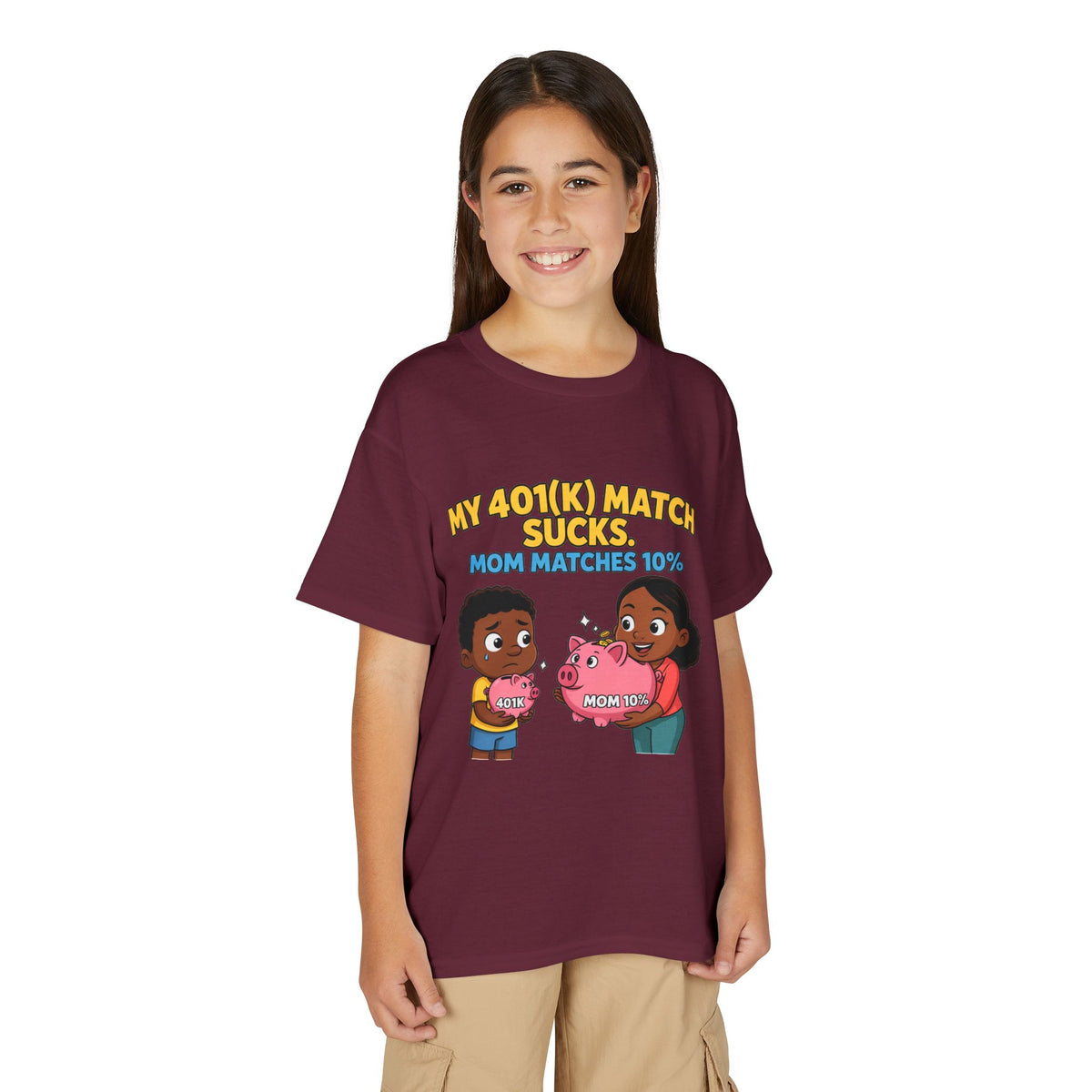 MY 401(K) MATCH SUCKS. MOM MATCHES 10%. Boys' Youth Tee | Funny Finance Kids Clothing