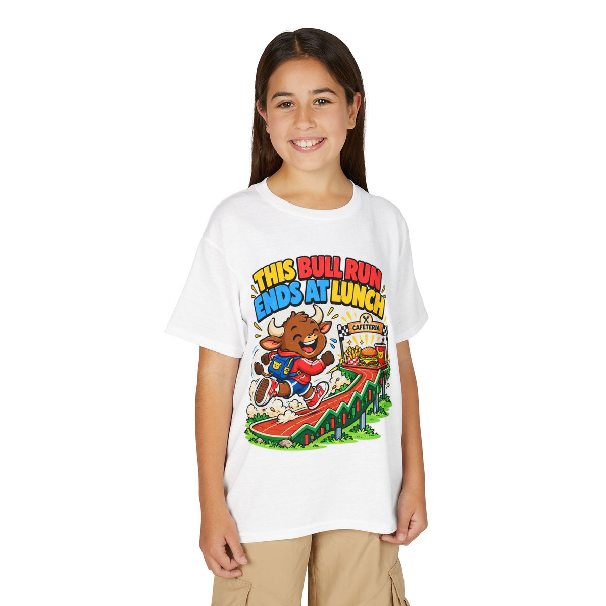 THIS BULL RUN ENDS AT LUNCH. Youth Tee | Funny Finance Kids Clothing