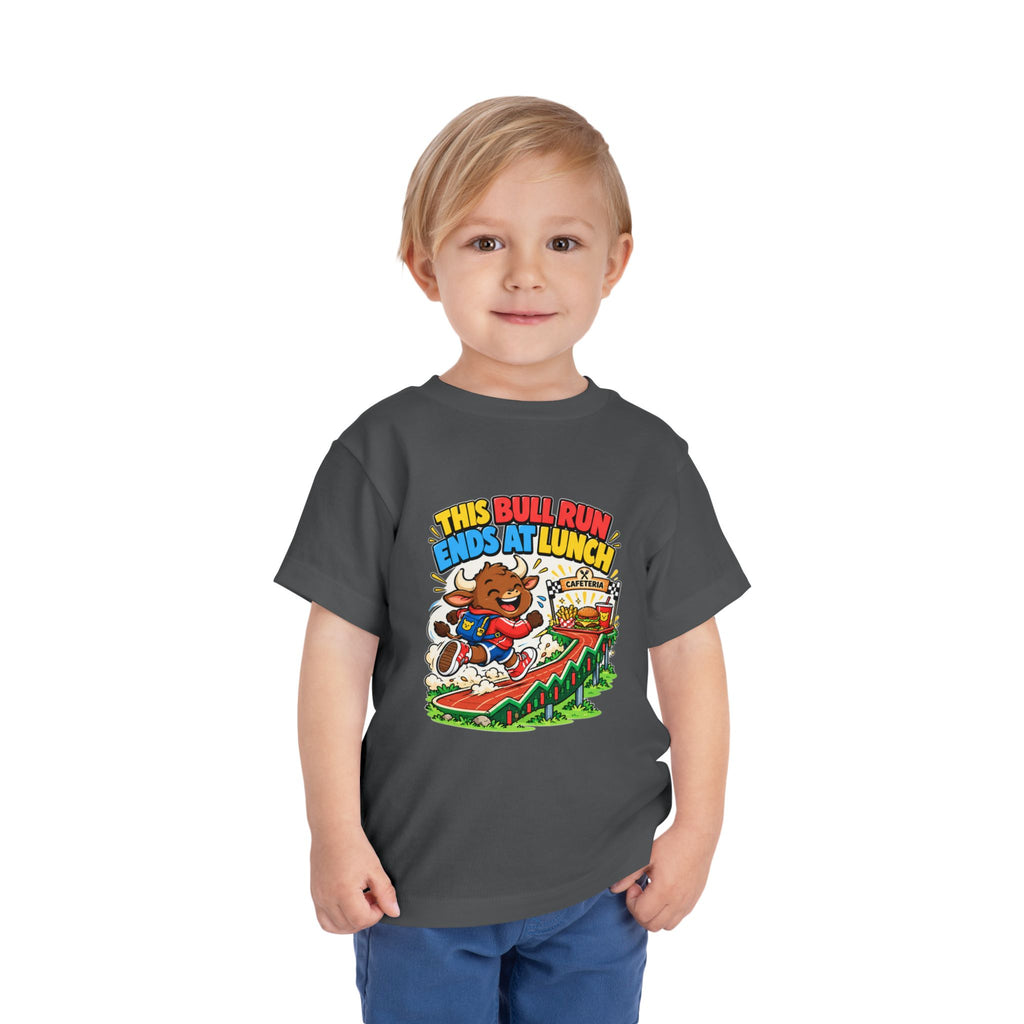 THIS BULL RUN ENDS AT LUNCH. Toddler Tee | Funny Finance Kids Clothing