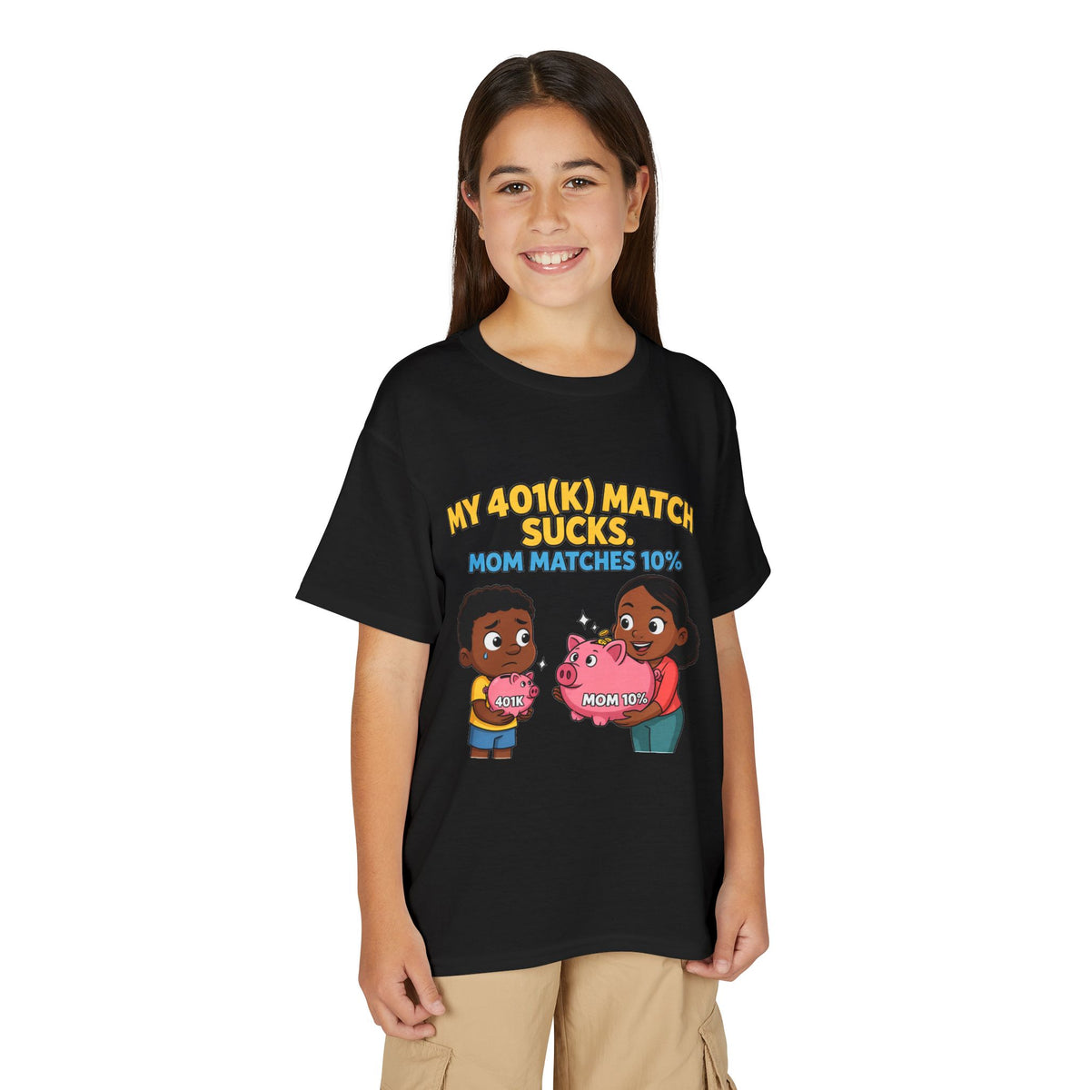 MY 401(K) MATCH SUCKS. MOM MATCHES 10%. Boys' Youth Tee | Funny Finance Kids Clothing