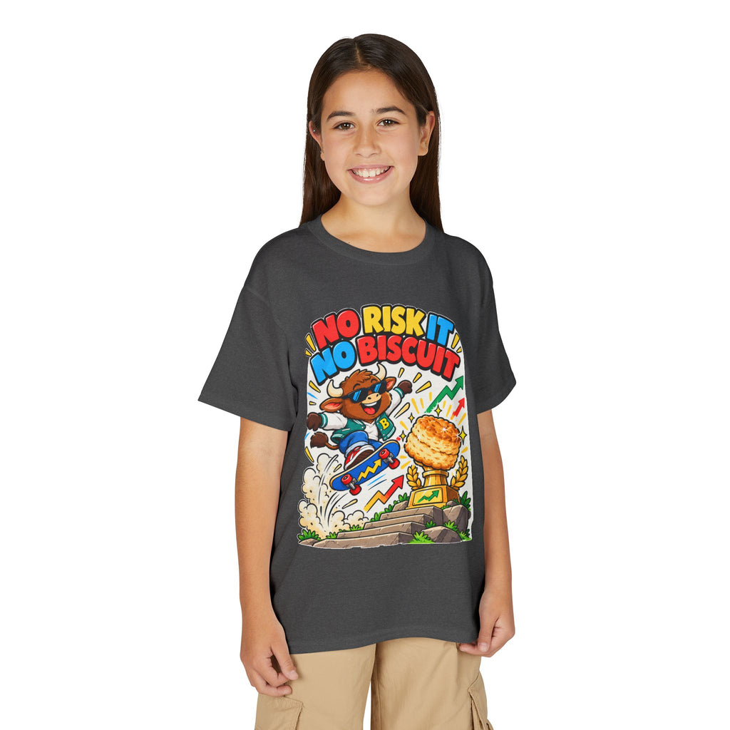 NO RISK IT NO BISCUIT. Youth Tee | Funny Finance Kids Clothing