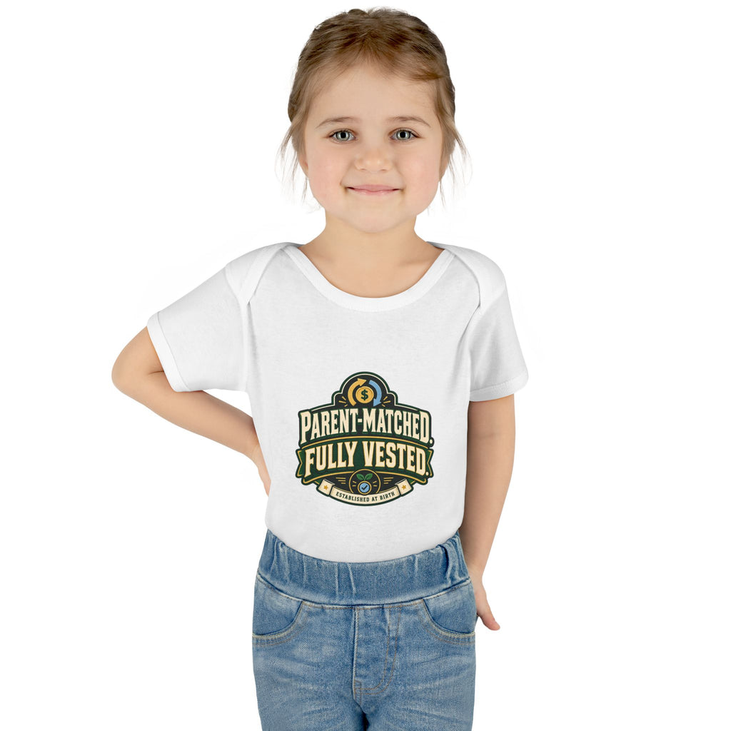 PARENT-MATCHED. FULLY VESTED. Fiscal Casual Junior baby bodysuit on a model