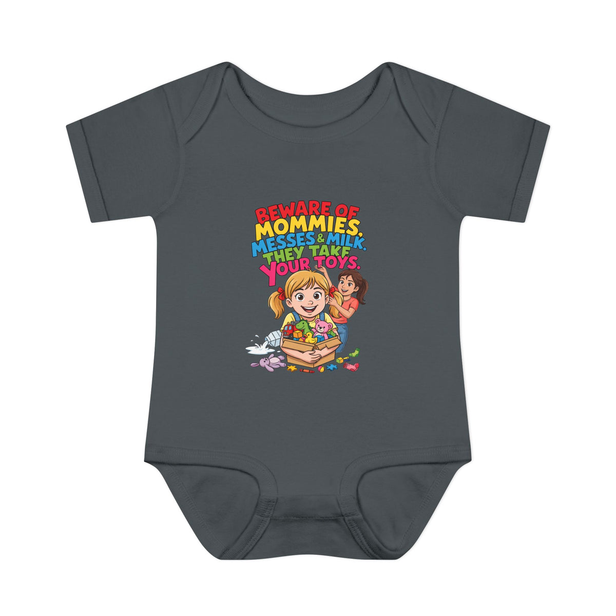 BEWARE OF MOMMIES, MESSES & MILK. THEY TAKE YOUR TOYS.. Girls' Baby Bodysuit | Funny Finance Kids Clothing