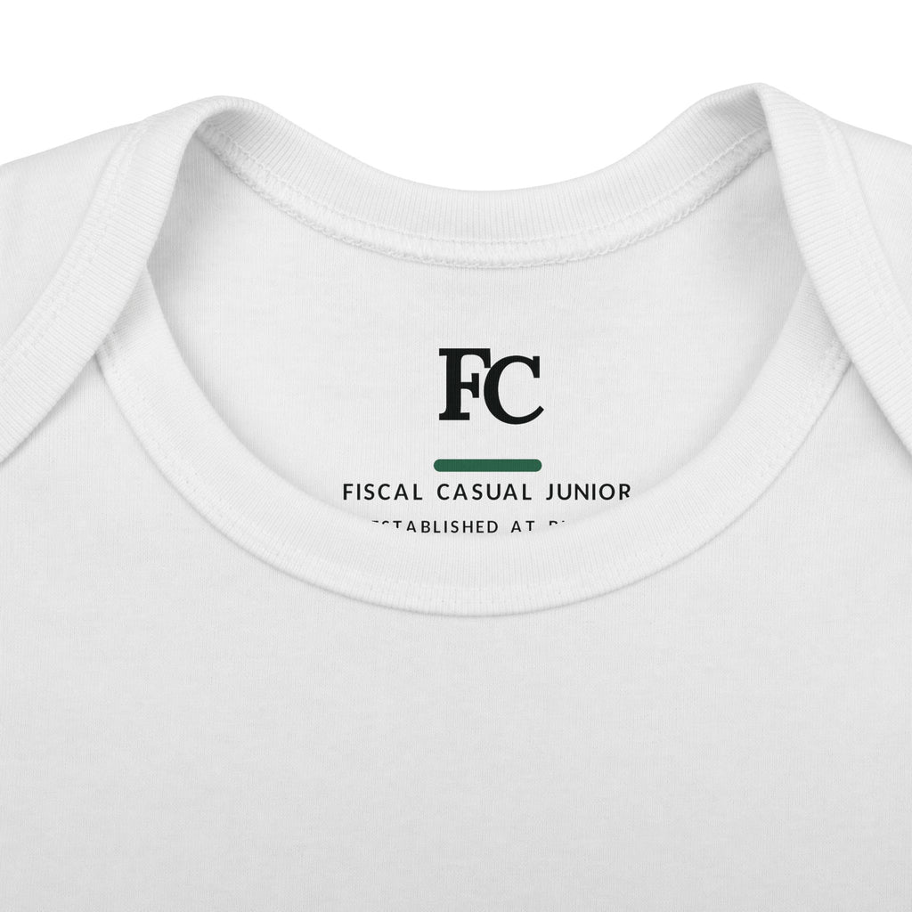 Fiscal Casual Junior inner neck label on the PRE-REVENUE baby bodysuit