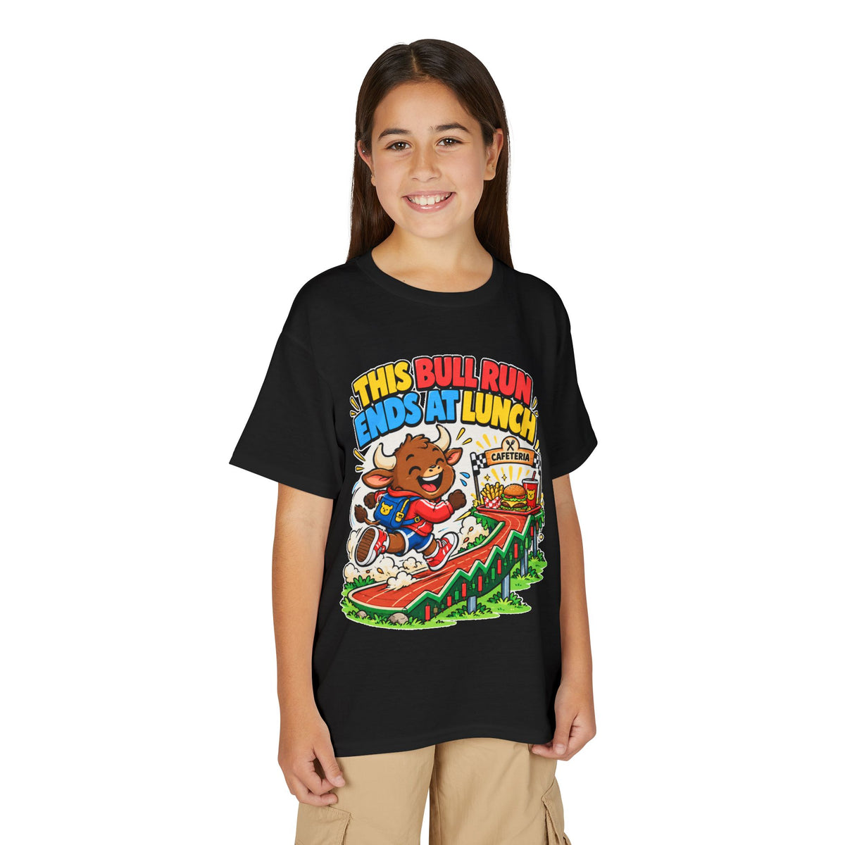 THIS BULL RUN ENDS AT LUNCH. Youth Tee | Funny Finance Kids Clothing