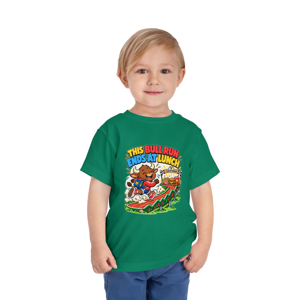 THIS BULL RUN ENDS AT LUNCH. Toddler Tee | Funny Finance Kids Clothing