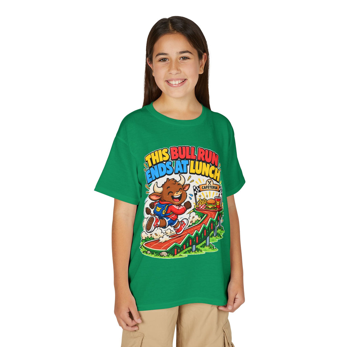THIS BULL RUN ENDS AT LUNCH. Youth Tee | Funny Finance Kids Clothing