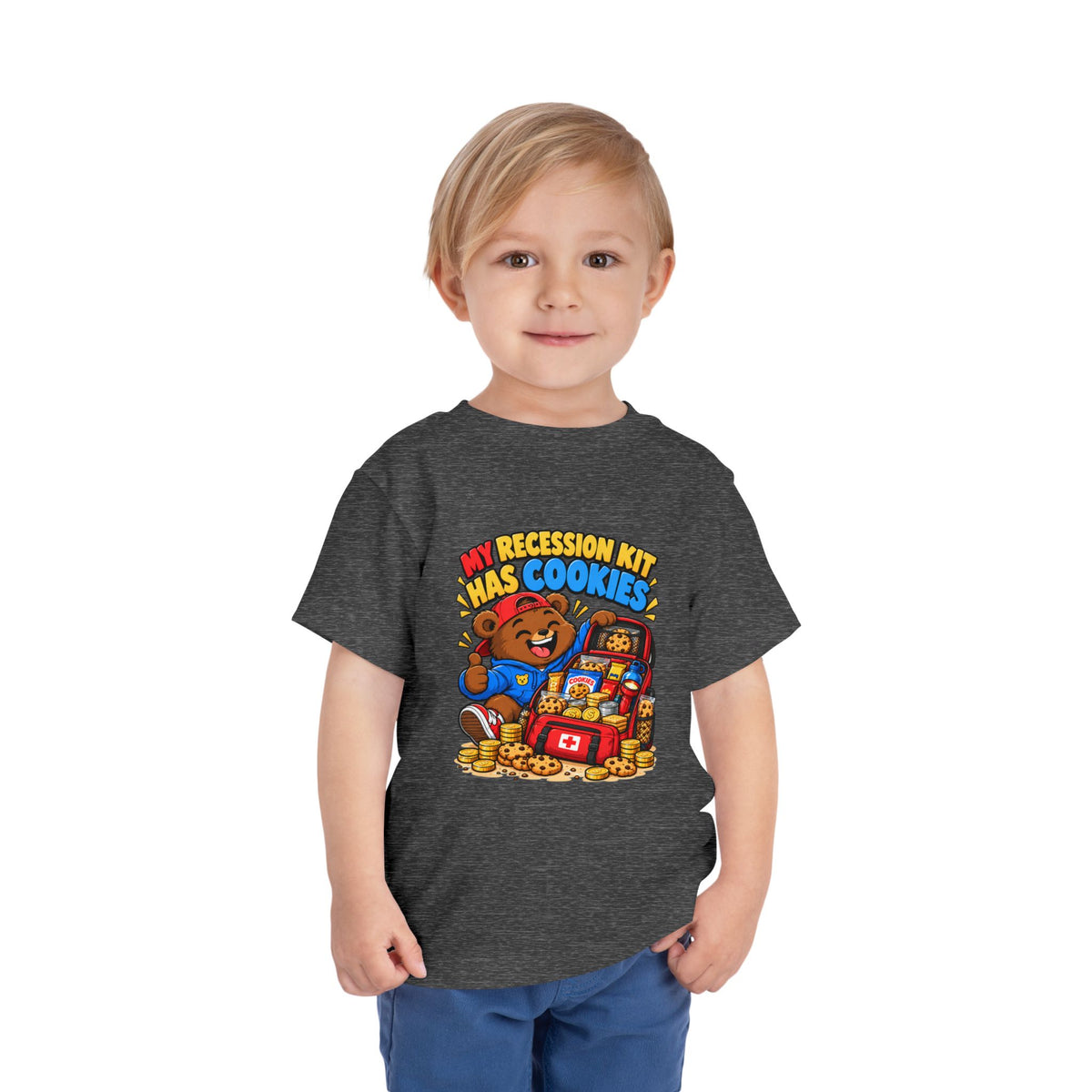 MY RECESSION KIT HAS COOKIES. Toddler Tee | Funny Finance Kids Clothing