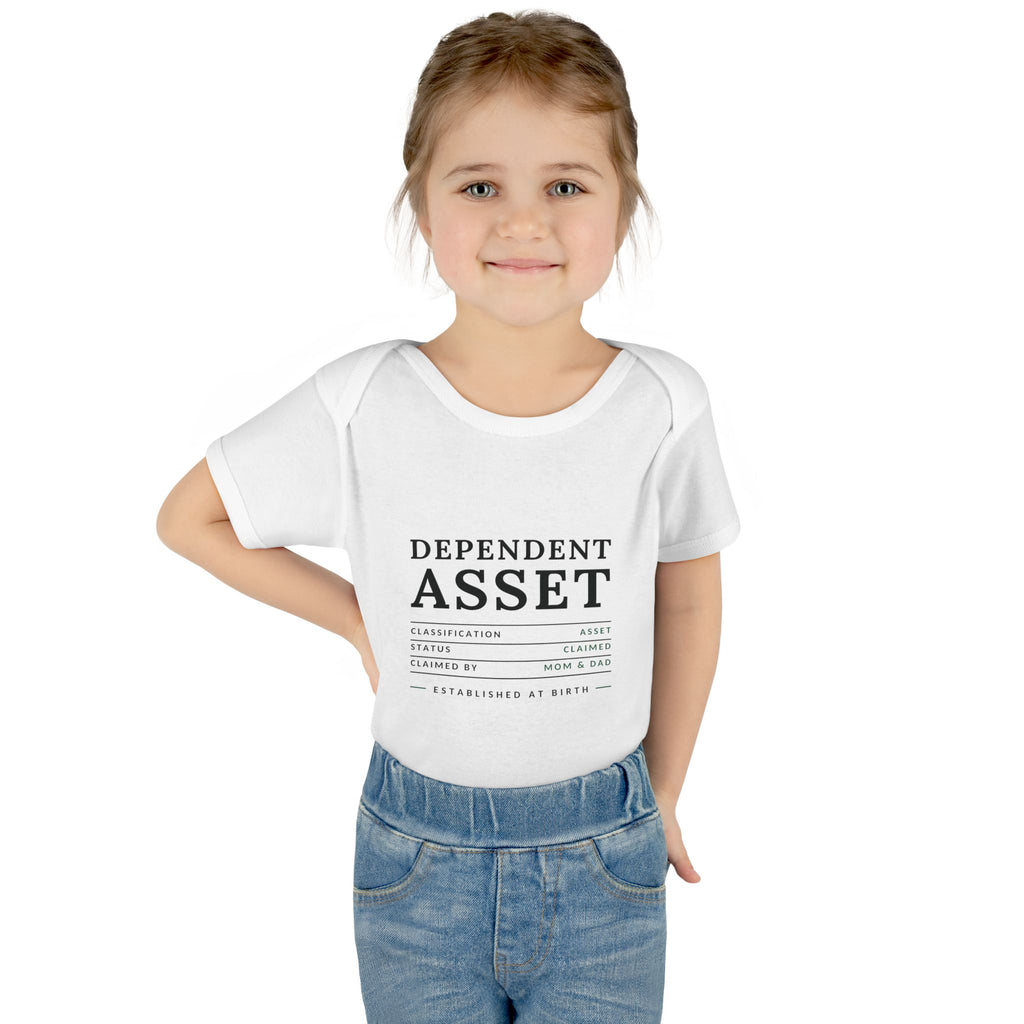DEPENDENT ASSET. Fiscal Casual Junior baby bodysuit on a model