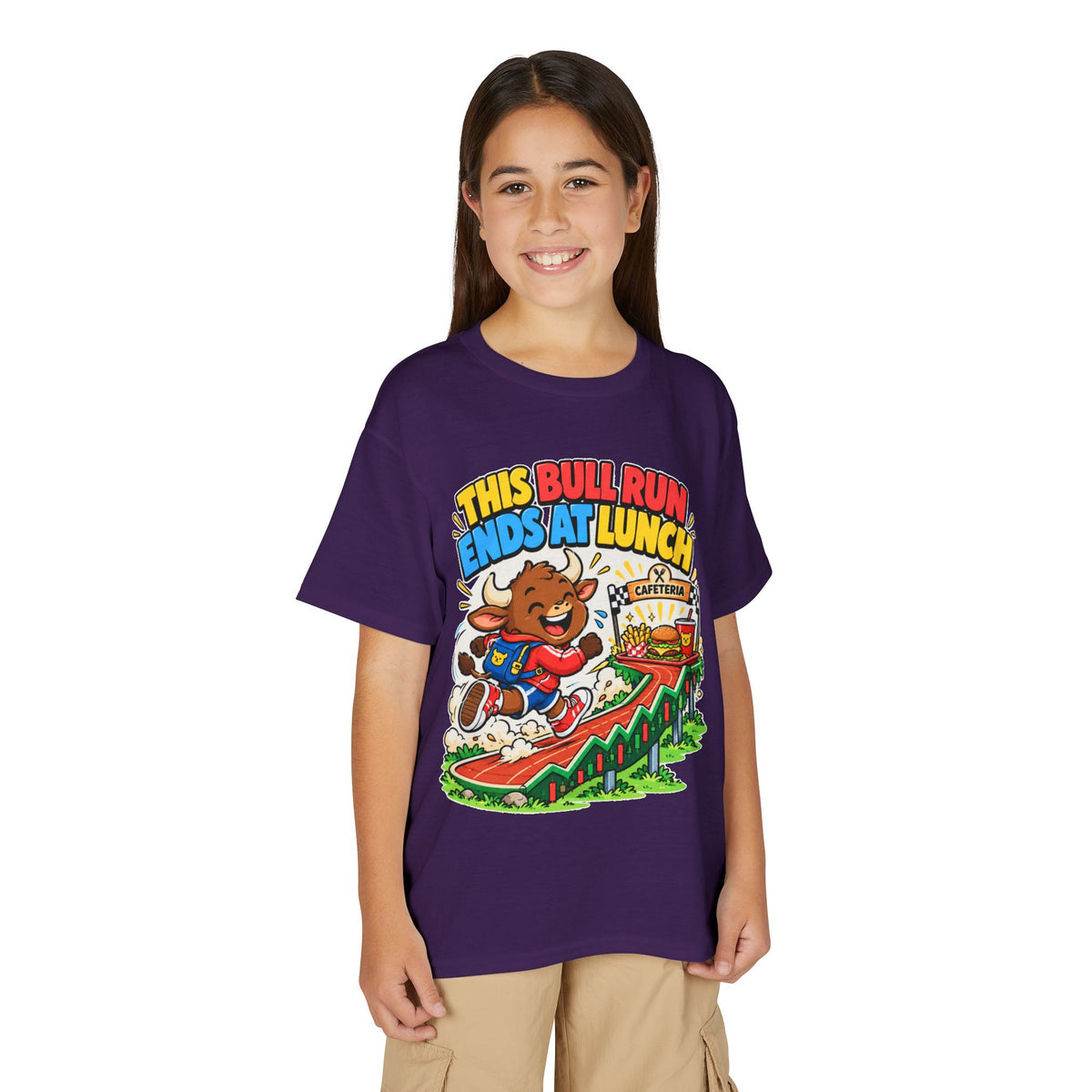 THIS BULL RUN ENDS AT LUNCH. Youth Tee | Funny Finance Kids Clothing