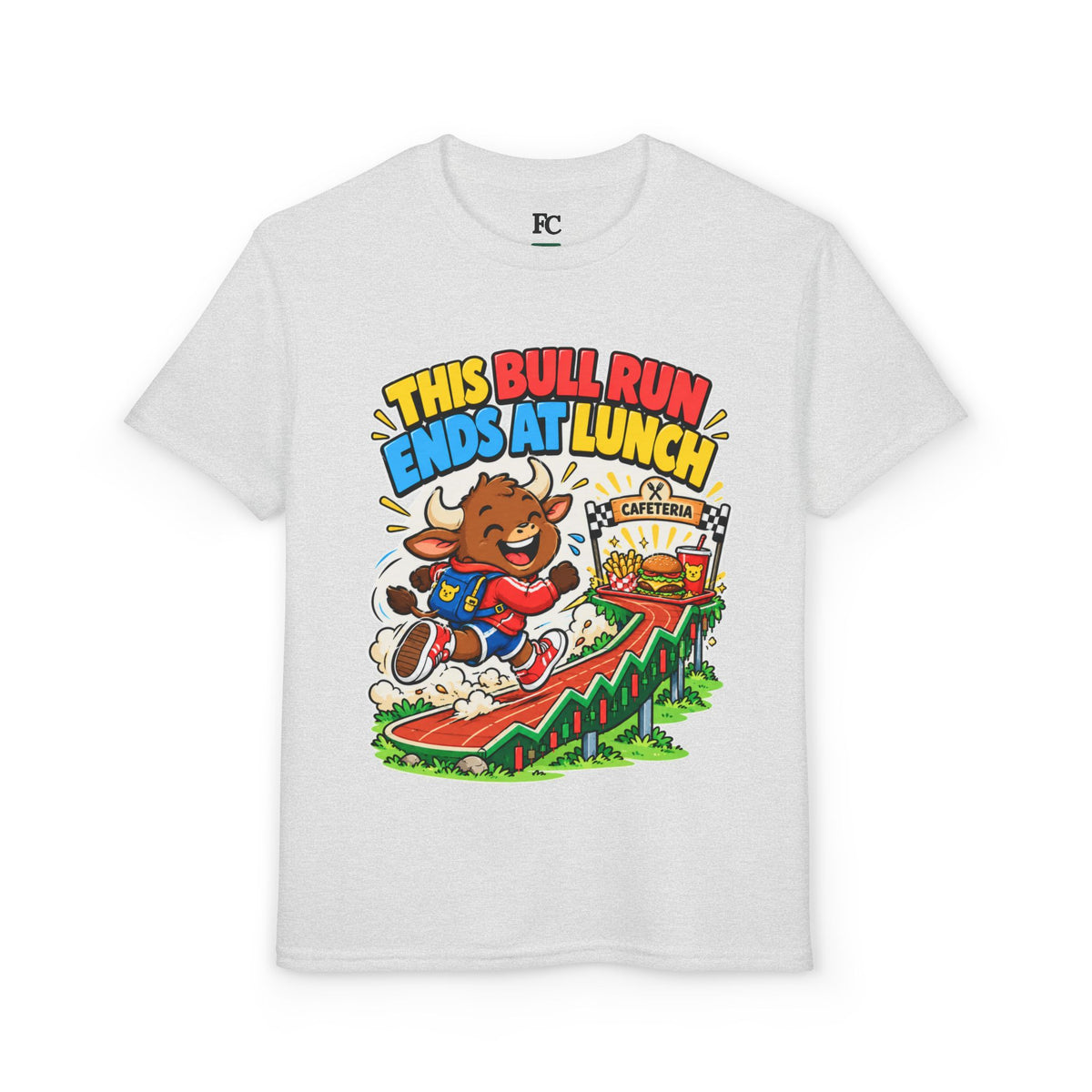 THIS BULL RUN ENDS AT LUNCH. Youth Tee | Funny Finance Kids Clothing