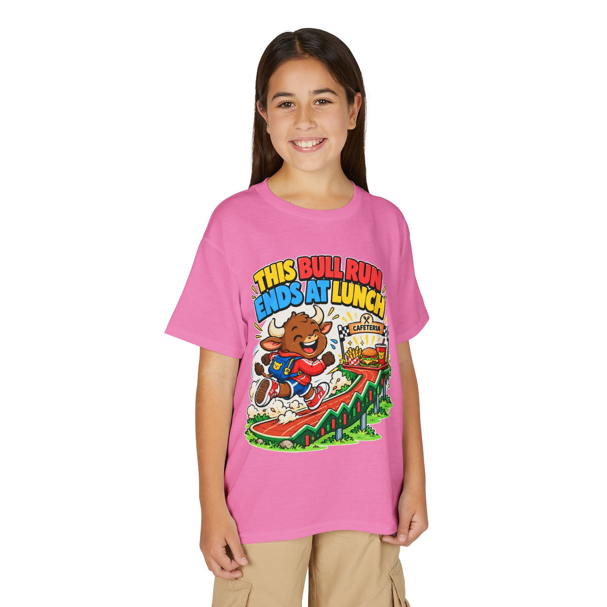 THIS BULL RUN ENDS AT LUNCH. Youth Tee | Funny Finance Kids Clothing