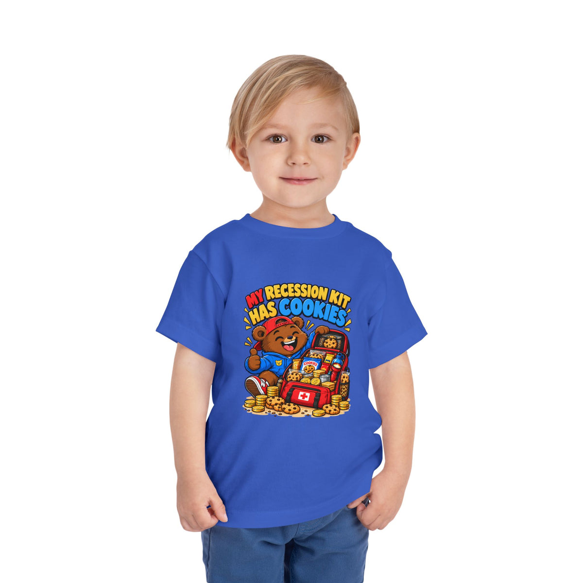 MY RECESSION KIT HAS COOKIES. Toddler Tee | Funny Finance Kids Clothing