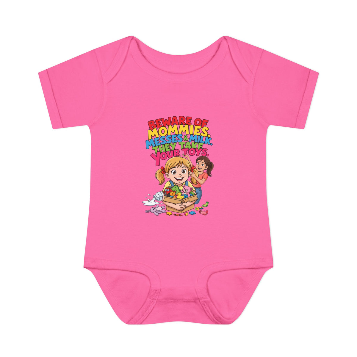 BEWARE OF MOMMIES, MESSES & MILK. THEY TAKE YOUR TOYS.. Girls' Baby Bodysuit | Funny Finance Kids Clothing