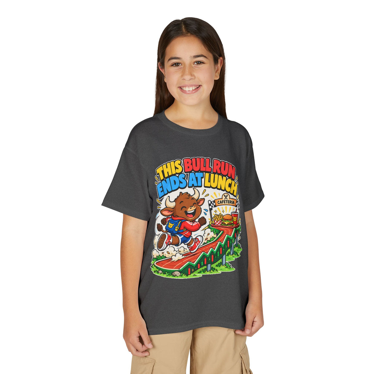 THIS BULL RUN ENDS AT LUNCH. Youth Tee | Funny Finance Kids Clothing