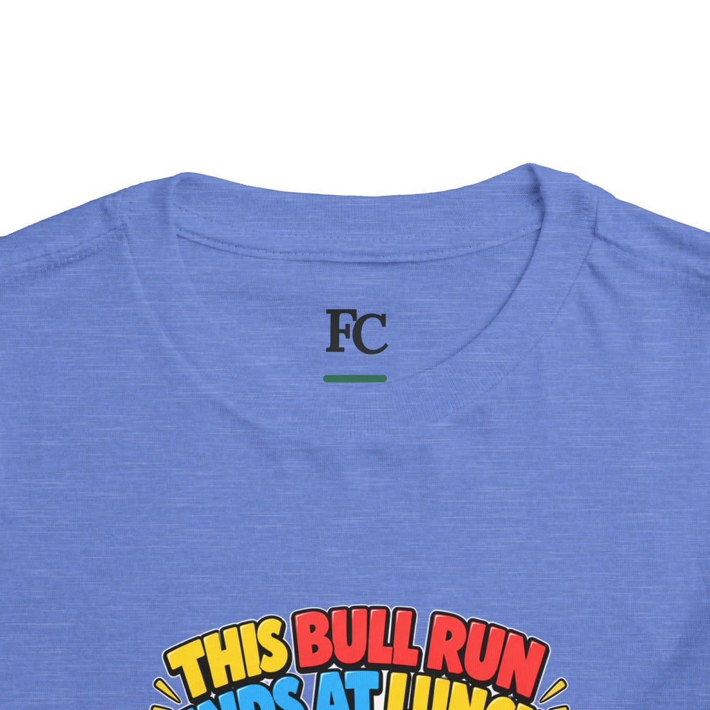 THIS BULL RUN ENDS AT LUNCH. Toddler Tee | Funny Finance Kids Clothing