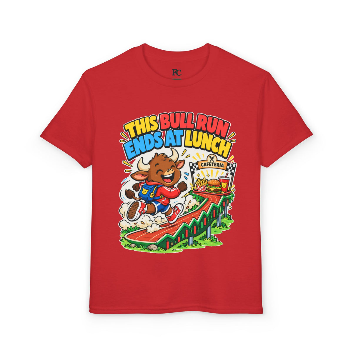 THIS BULL RUN ENDS AT LUNCH. Youth Tee | Funny Finance Kids Clothing
