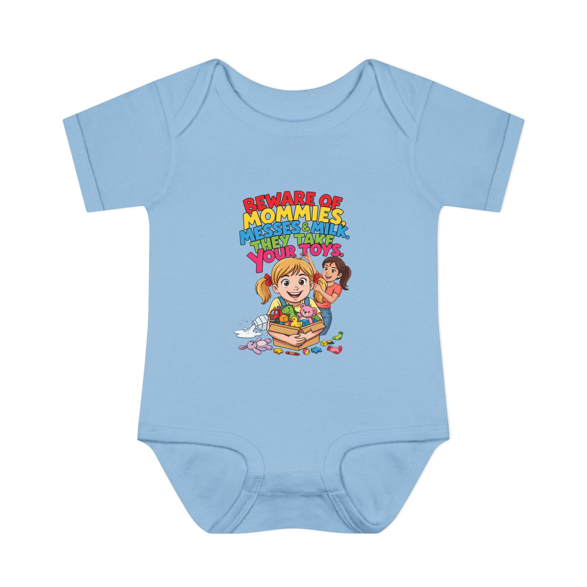 BEWARE OF MOMMIES, MESSES & MILK. THEY TAKE YOUR TOYS.. Girls' Baby Bodysuit | Funny Finance Kids Clothing