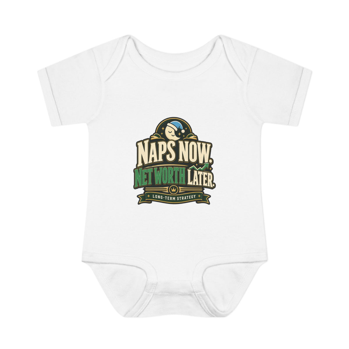 NAPS NOW. NET WORTH LATER. Fiscal Casual Junior baby bodysuit, front view