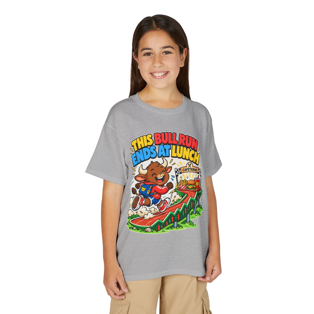 THIS BULL RUN ENDS AT LUNCH. Youth Tee | Funny Finance Kids Clothing