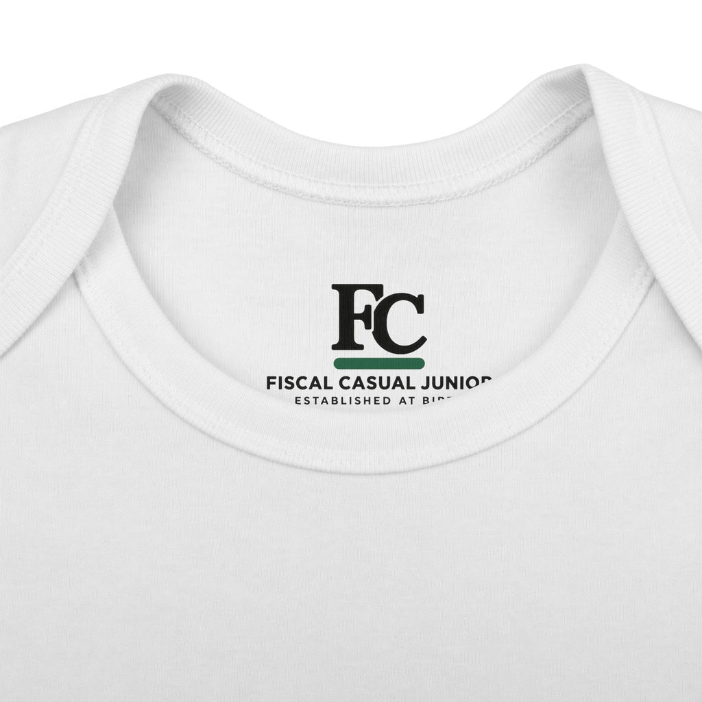 Fiscal Casual Junior inner neck label on the DEPENDENT ASSET baby bodysuit