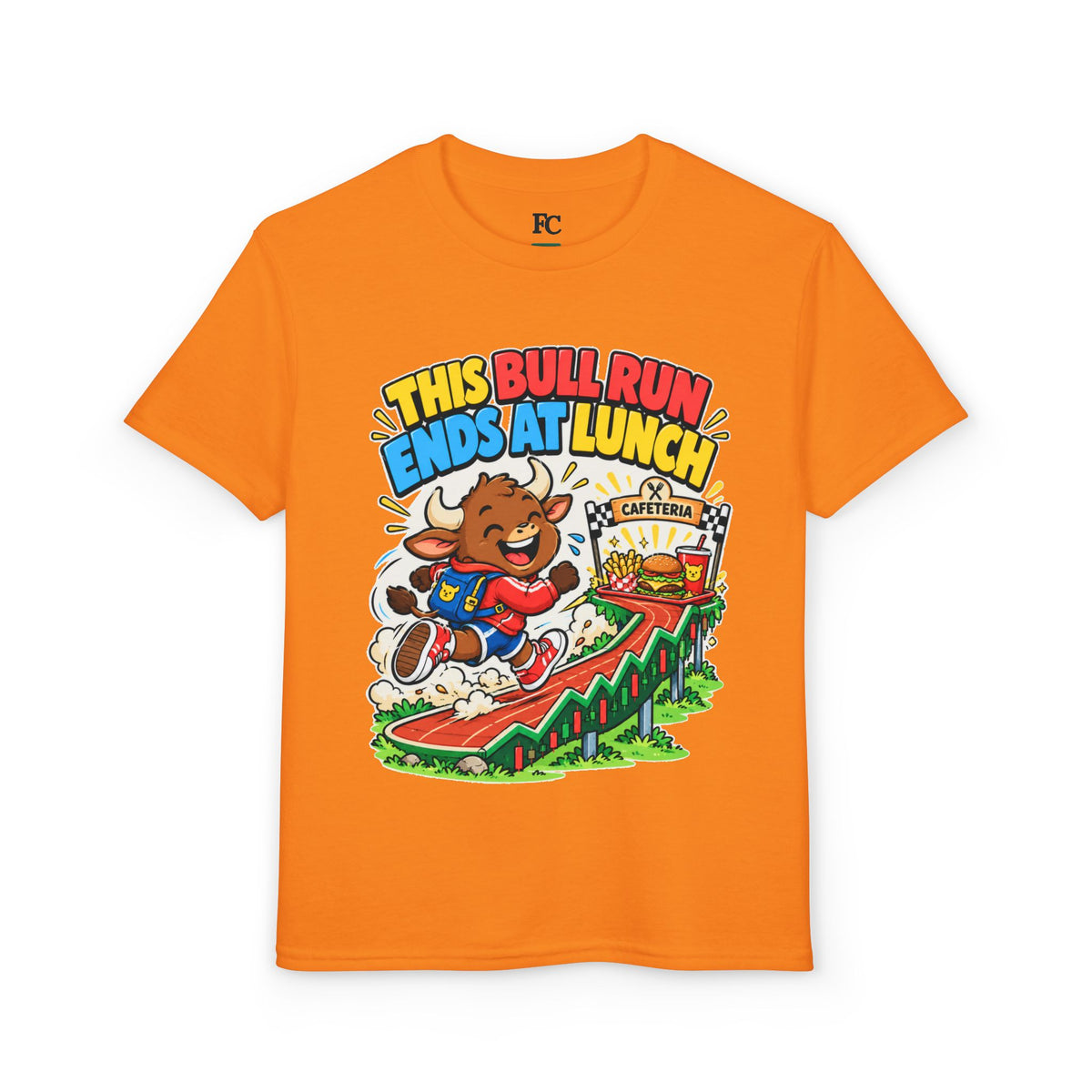 THIS BULL RUN ENDS AT LUNCH. Youth Tee | Funny Finance Kids Clothing