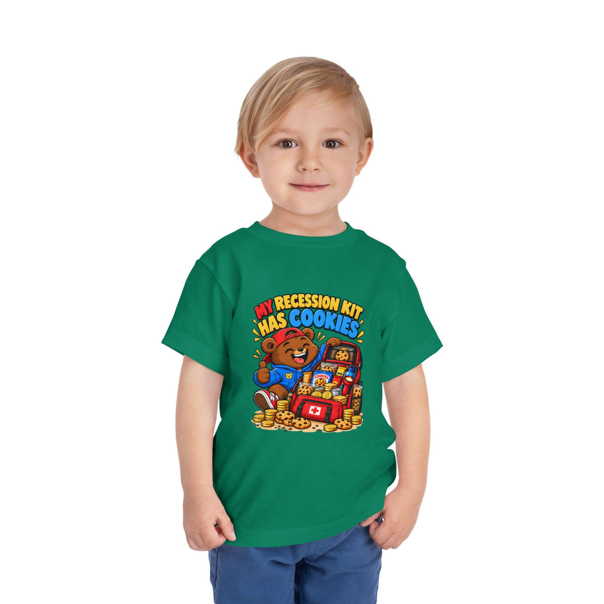 MY RECESSION KIT HAS COOKIES. Toddler Tee | Funny Finance Kids Clothing