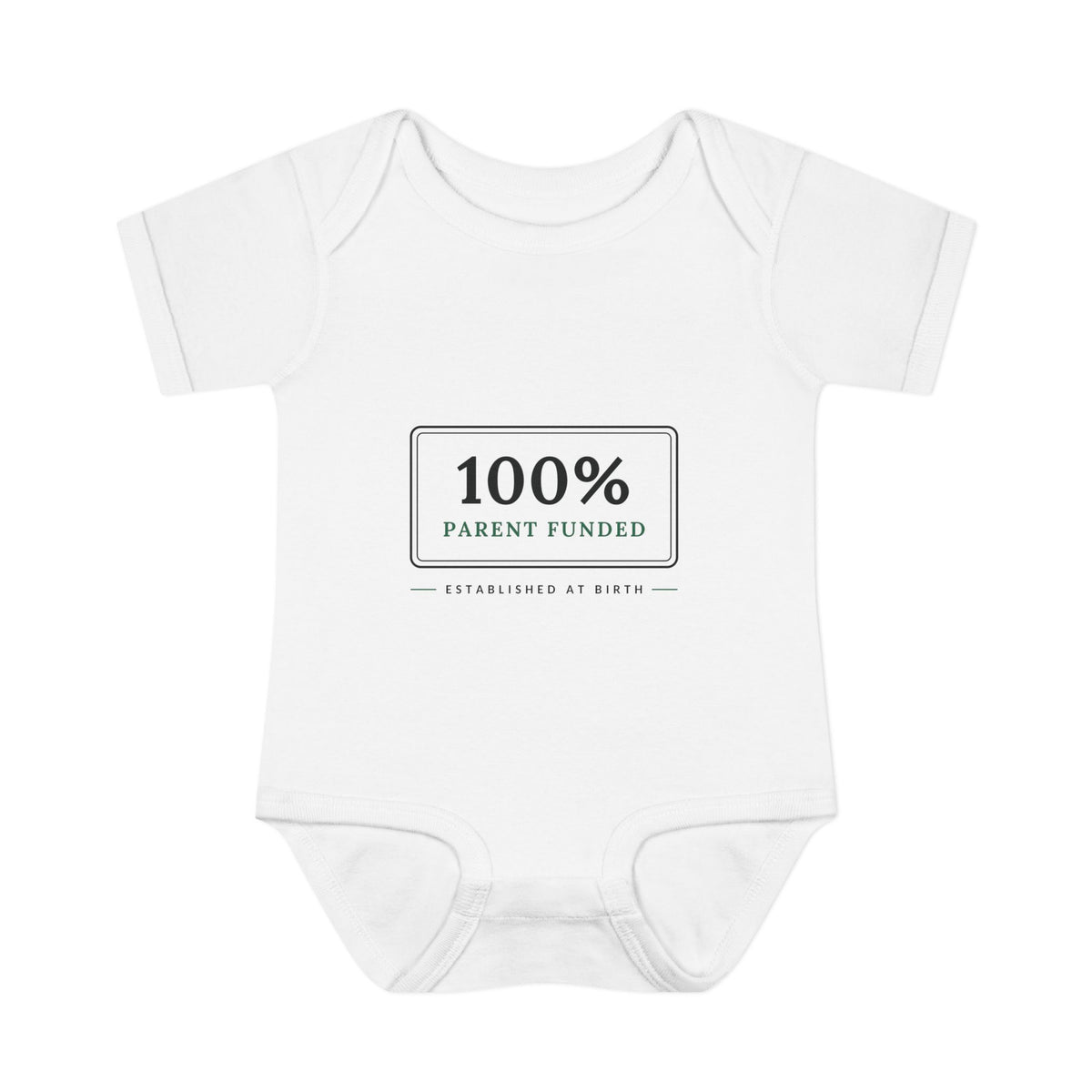 100% PARENT FUNDED. Fiscal Casual Junior baby bodysuit, front view
